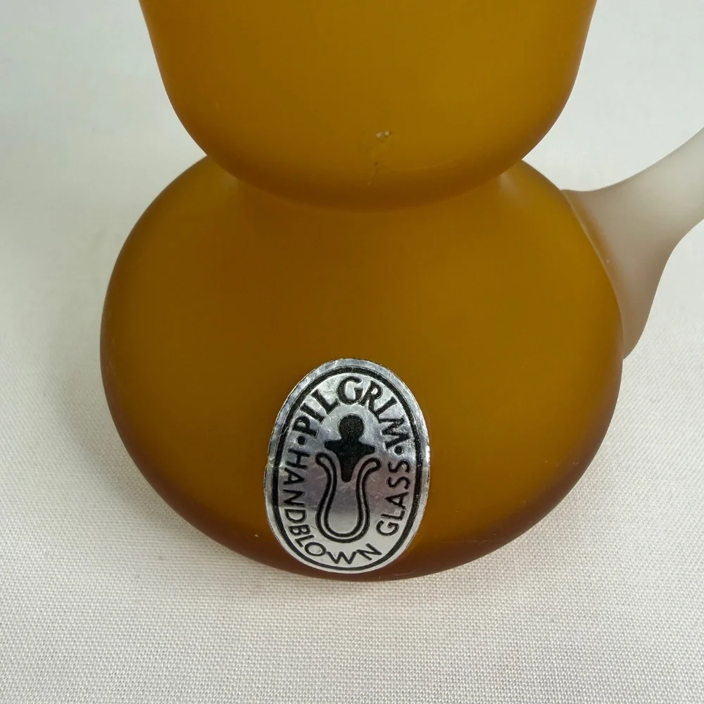 Vintage Hand Blown Pilgrim Satin Frosted Art Glass Amber Handle Mini Pitcher